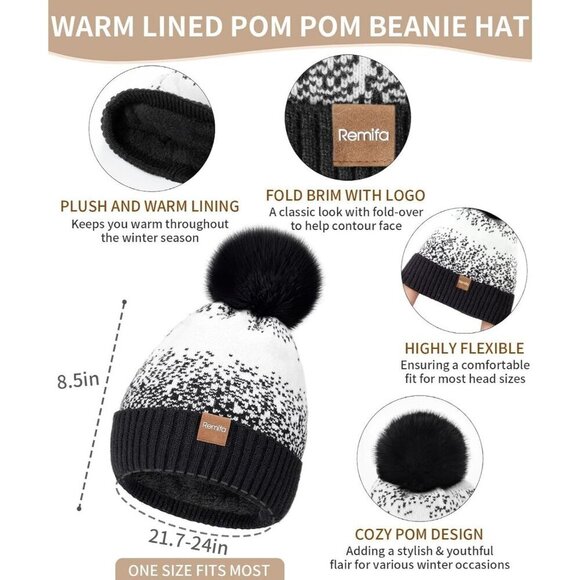 Women\'s Black White Winter Beanie Hat Scarf Gloves Set Pom Warm Christmas Gift main image 4